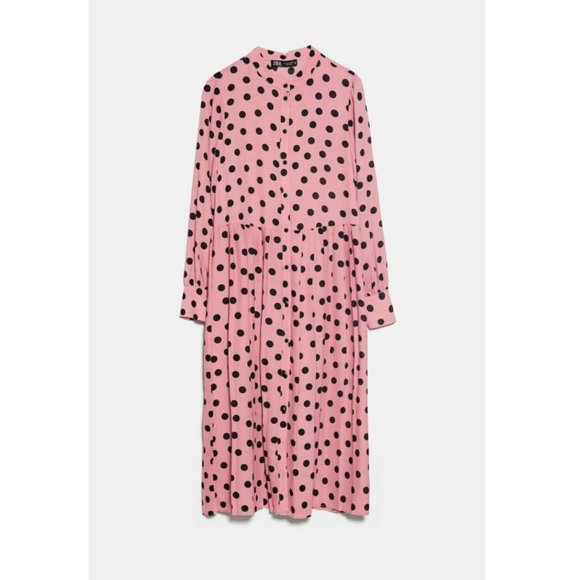 Zara Pleated Polka Dot Long Sleeve Dress w/ Neck Tie Pink/Black NWT. - Picture 9 of 9